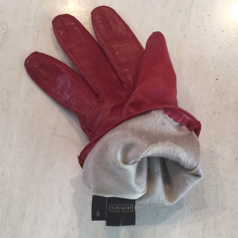 Vintage Coach Red Leather Gloves Silk Lining Women Size 8 Velvet Trim Rhinestone
